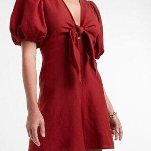 Express Balloon Sleeve Red Linen-Blend Romper